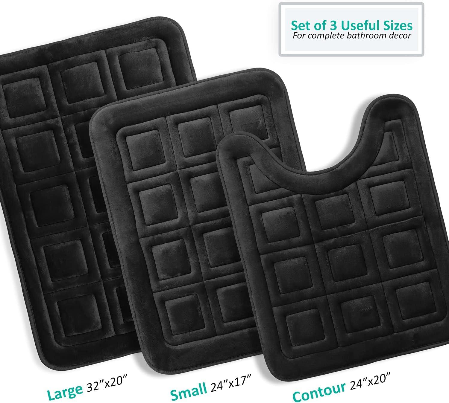 Clara Clark Ultra Soft Non Slip and Absorbent Bath Rug - Waffled Velvet Memory Foam Bath Mat Black Small-Large-Contour (3PK)