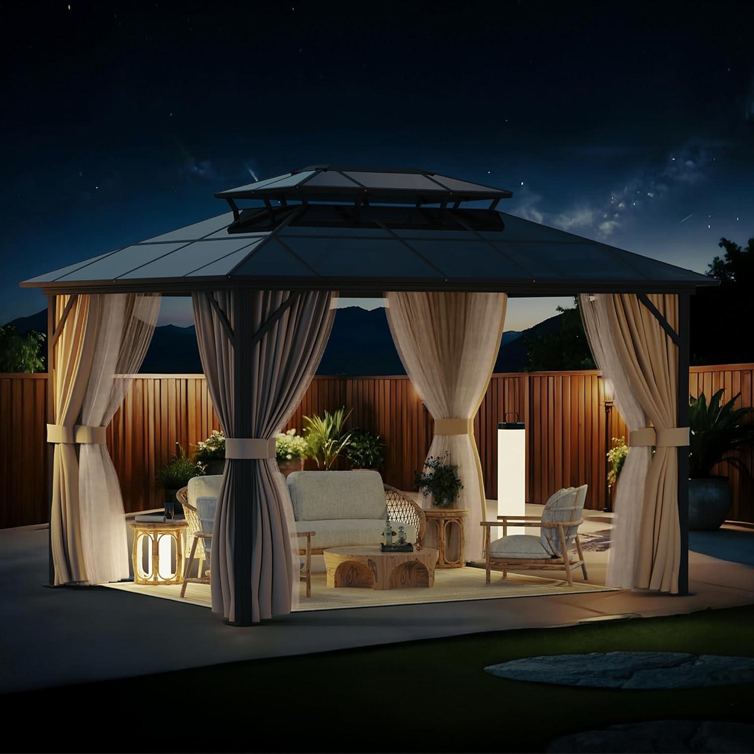 VIVOHOME 10' x 13' Double Roof Hardtop Gazebo, Polycarbonate Roof & Aluminum Alloy Frame with Netting & UV-Proof Privacy Curtain