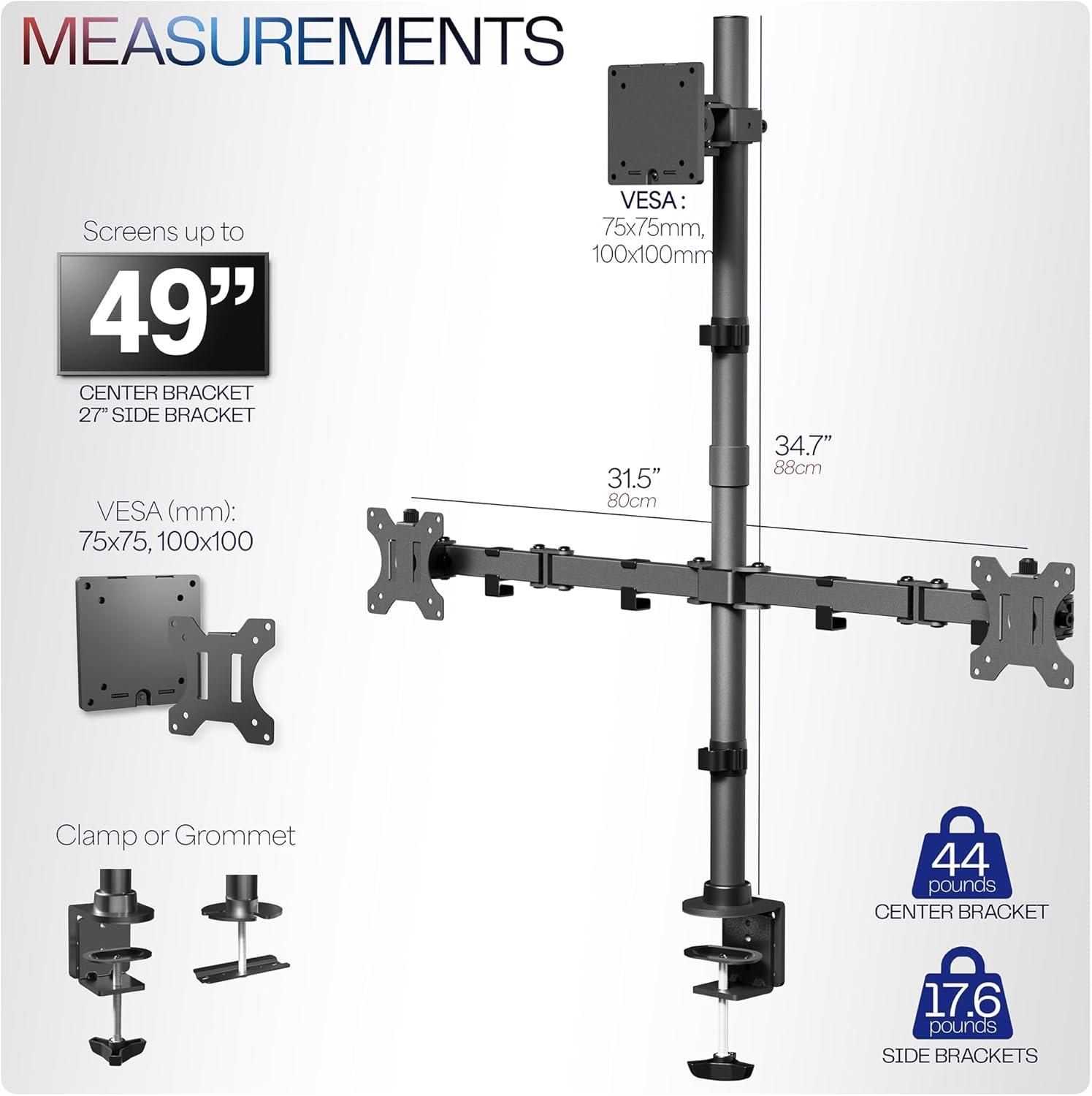 VIVO Triple Monitor Desk Mount, 1 Ultrawide up to 49", 2 Standard up to 27"