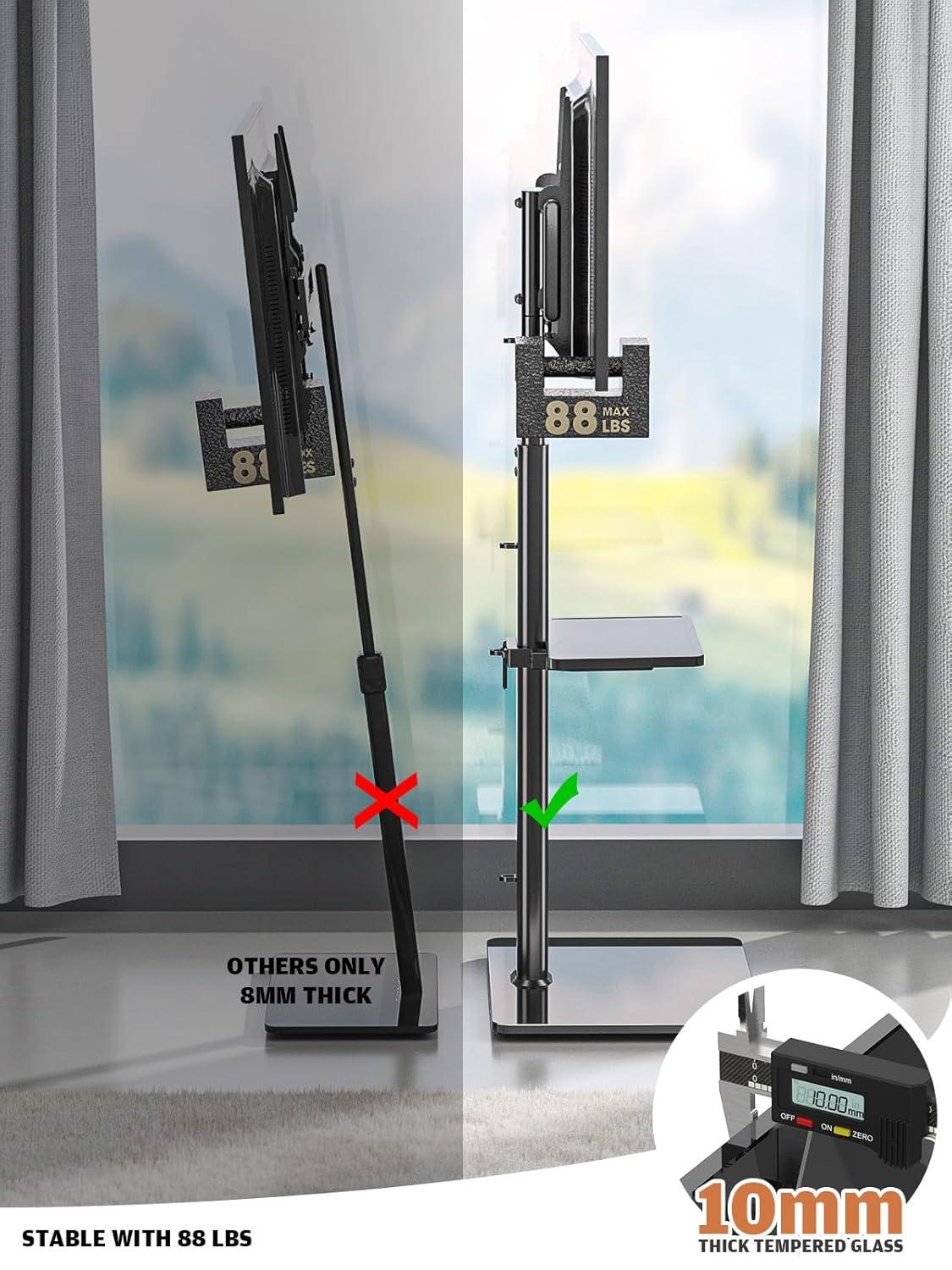 Hemudu Universal Floor TV Stand with Swivel Bracket and 2 Shelves, Black