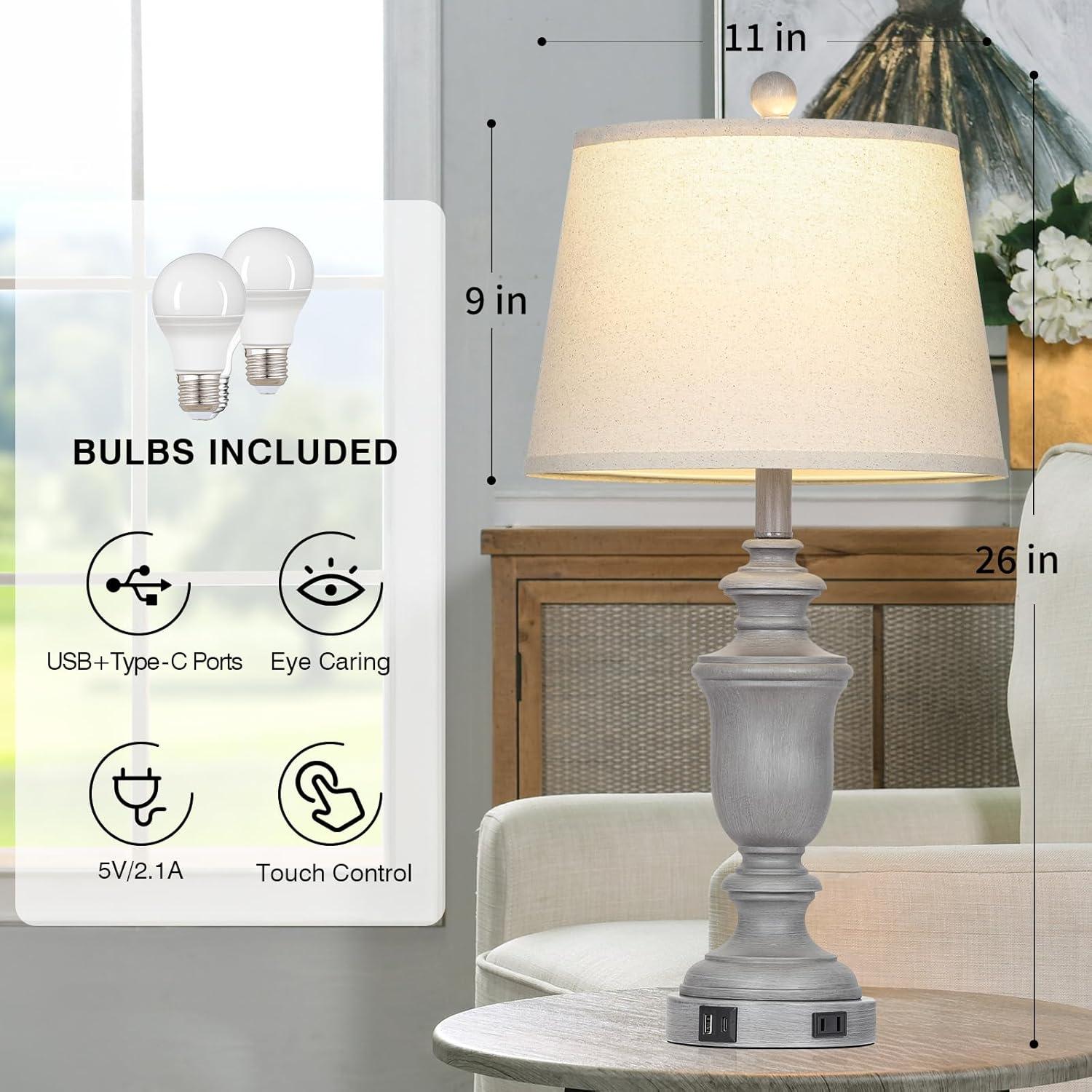 Cinkeda Farmhouse Touch Table Lamps with USB Ports AC Outlet Modern 3 Way Dimmable Resin Bedside Nightstand Lamp Set of 2 for Living Room Bedroom