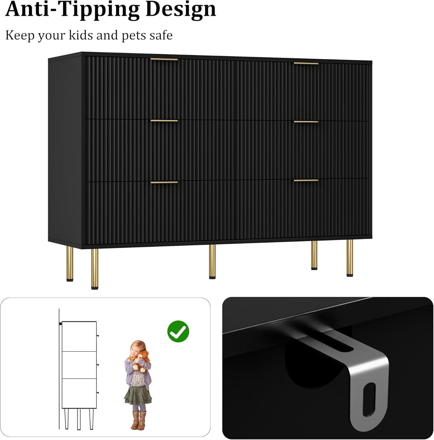 Garvee Fluted Wood Dresser 6 Drawers Dresser for Bedroom, Large Modern Chest of Drawers, Black Dresser with Gold Handle,for Living Room, Hallway