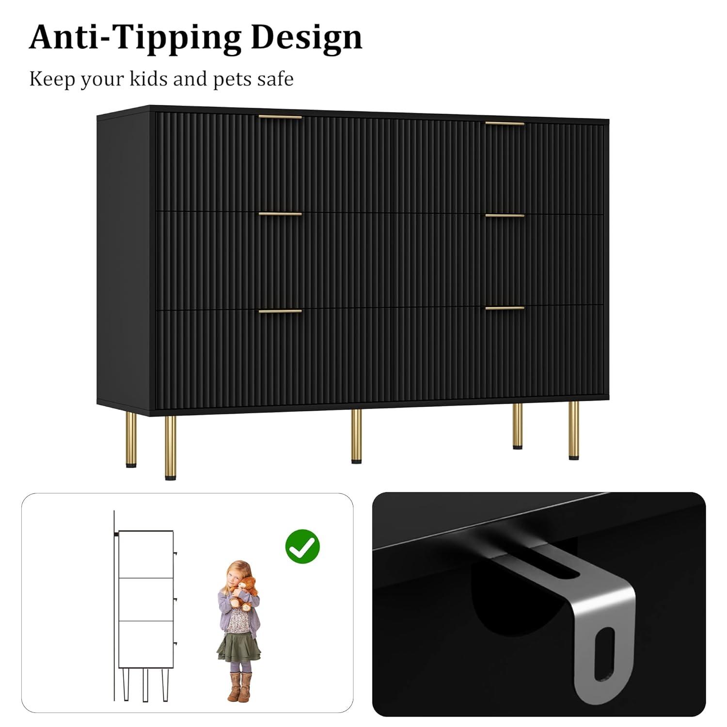 Garvee Fluted Wood Dresser 6 Drawers Dresser for Bedroom, Large Modern Chest of Drawers, Black Dresser with Gold Handle,for Living Room, Hallway