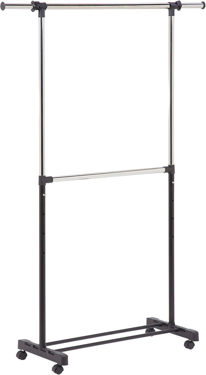 Chrome and Black Expandable Dual Rod Garment Rack with Wheels