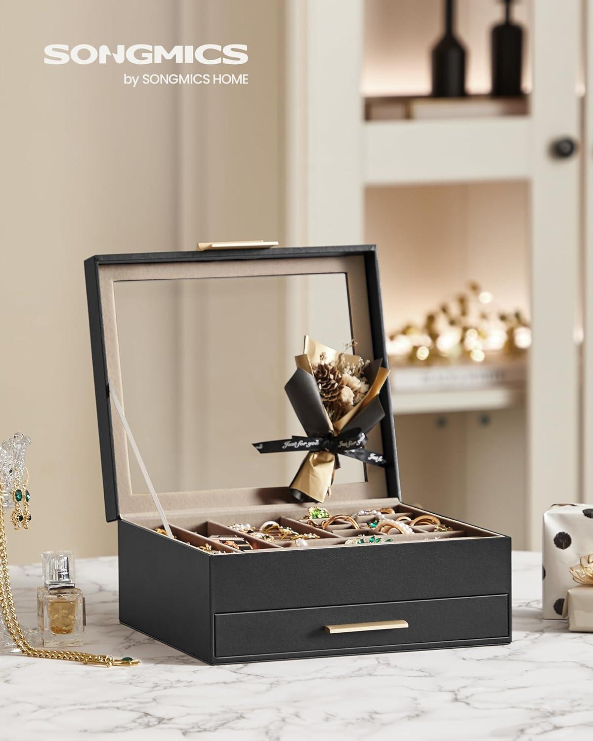 Graphite Black and Gold Velvet Jewelry Box with Glass Lid