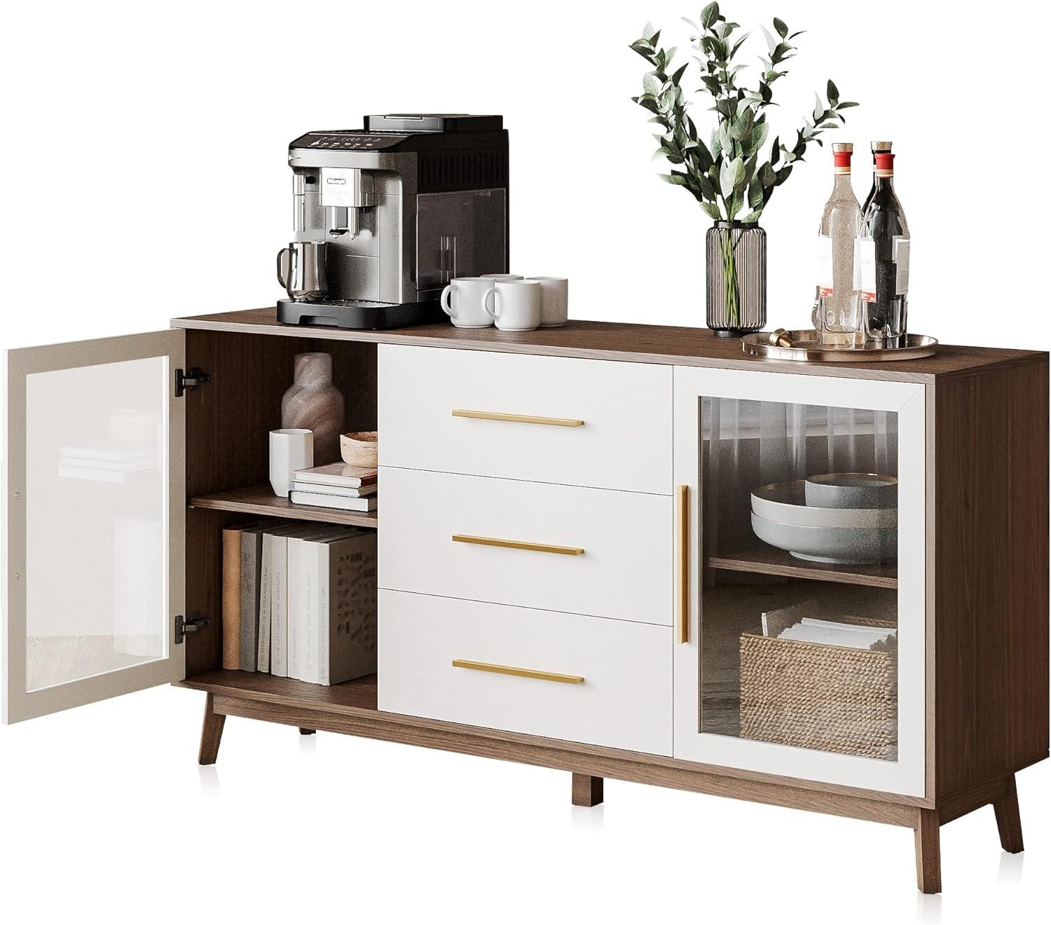 BELLEZE Modern Sideboard, Sideboard Buffet Cabinet with 3 Drawers & 2 Doors, Accent Cabinet for Dining Room, Hallway, Bedroom, or Kitchen - Troy (White)