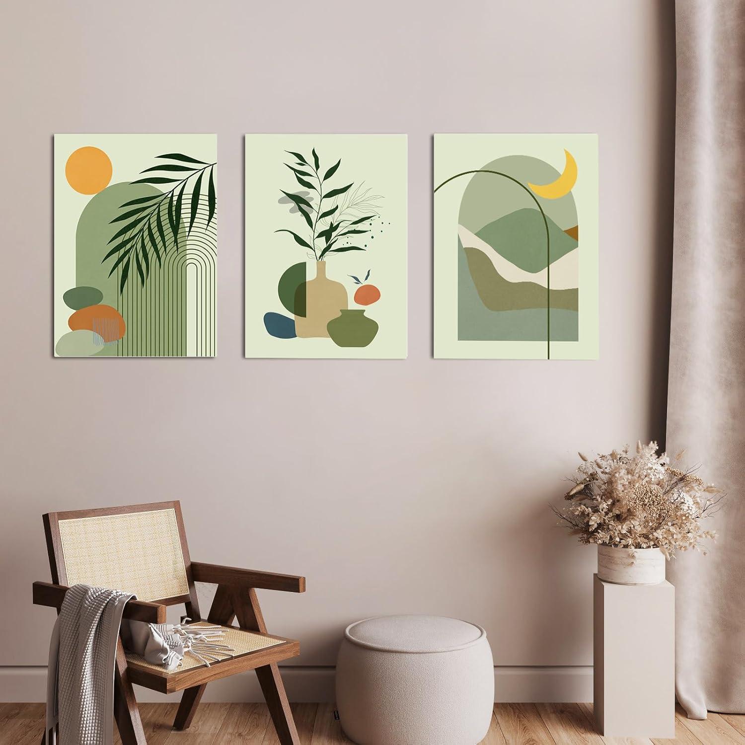 Sage Green Abstract Boho Canvas Wall Art Set