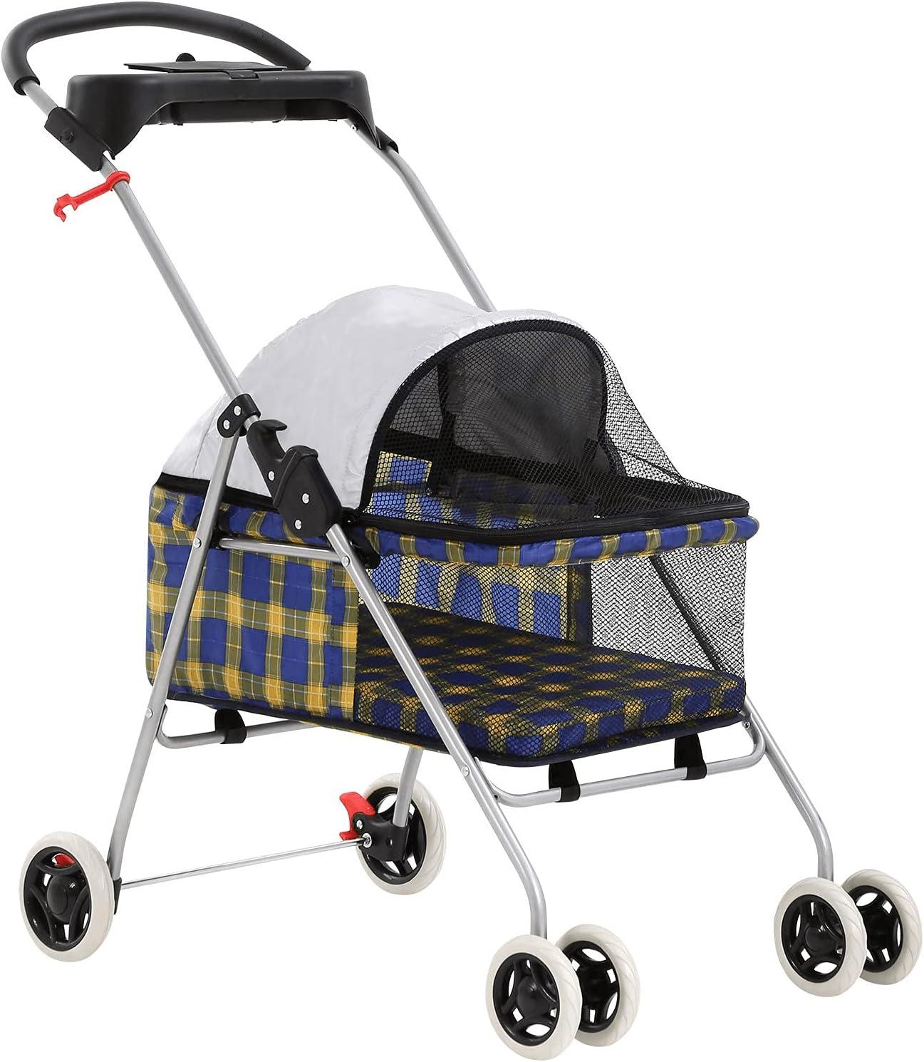 FDW 4 Wheels Pet Stroller Cat Dog Stroller Portable Folding Travel Carrier Strolling Cart Waterproof with Storage Basket,Mesh Windows, Yellow Plaid