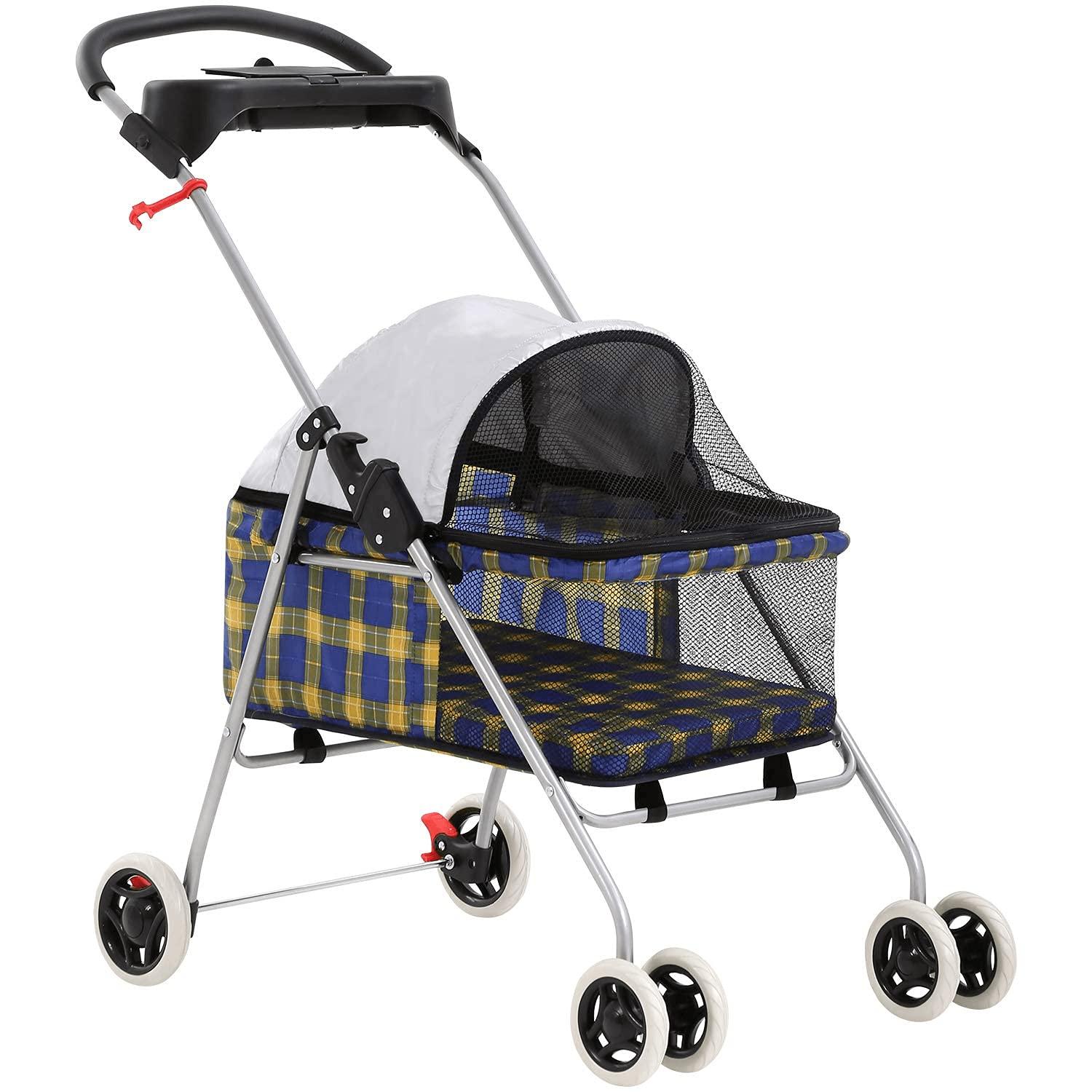 FDW 4 Wheels Pet Stroller Cat Dog Stroller Portable Folding Travel Carrier Strolling Cart Waterproof with Storage Basket,Mesh Windows, Yellow Plaid
