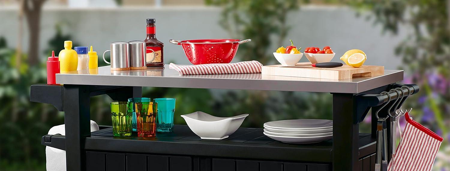 Elegant Wood-Look Outdoor Serving Station with Stainless Steel Top