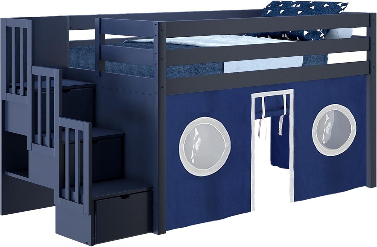 Blue Twin Wood Frame Bunk Bed with Storage and Tent