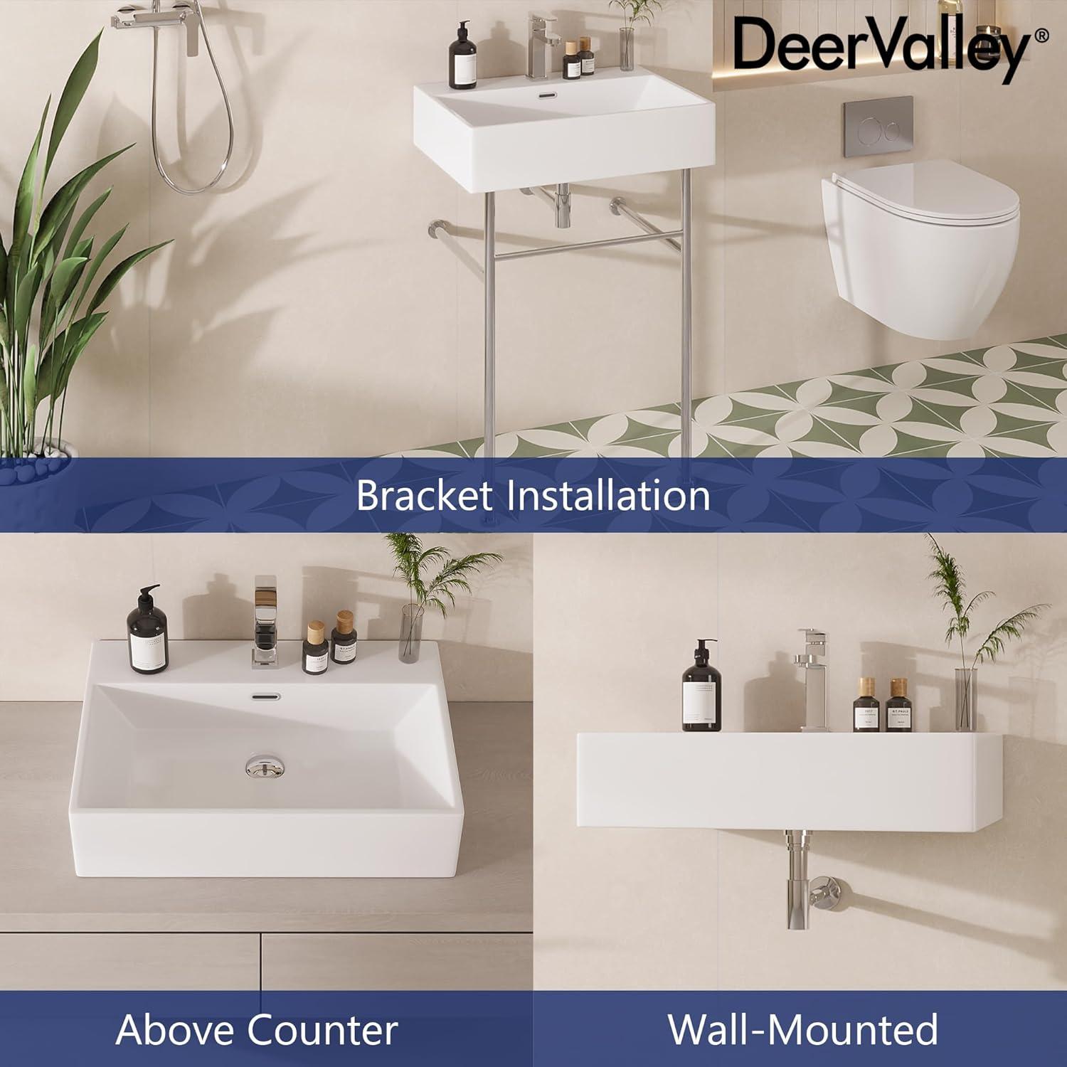 Ceramic White Rectangular Single Faucet Hole 24 in Console Bathroom Sink with Overflow