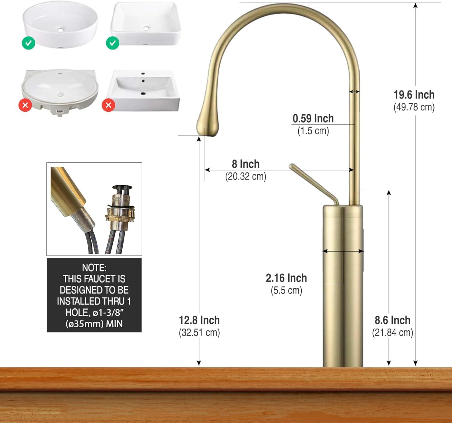 Brushed Gold Tall Brass Bathroom Faucet with Pop-Up Drain