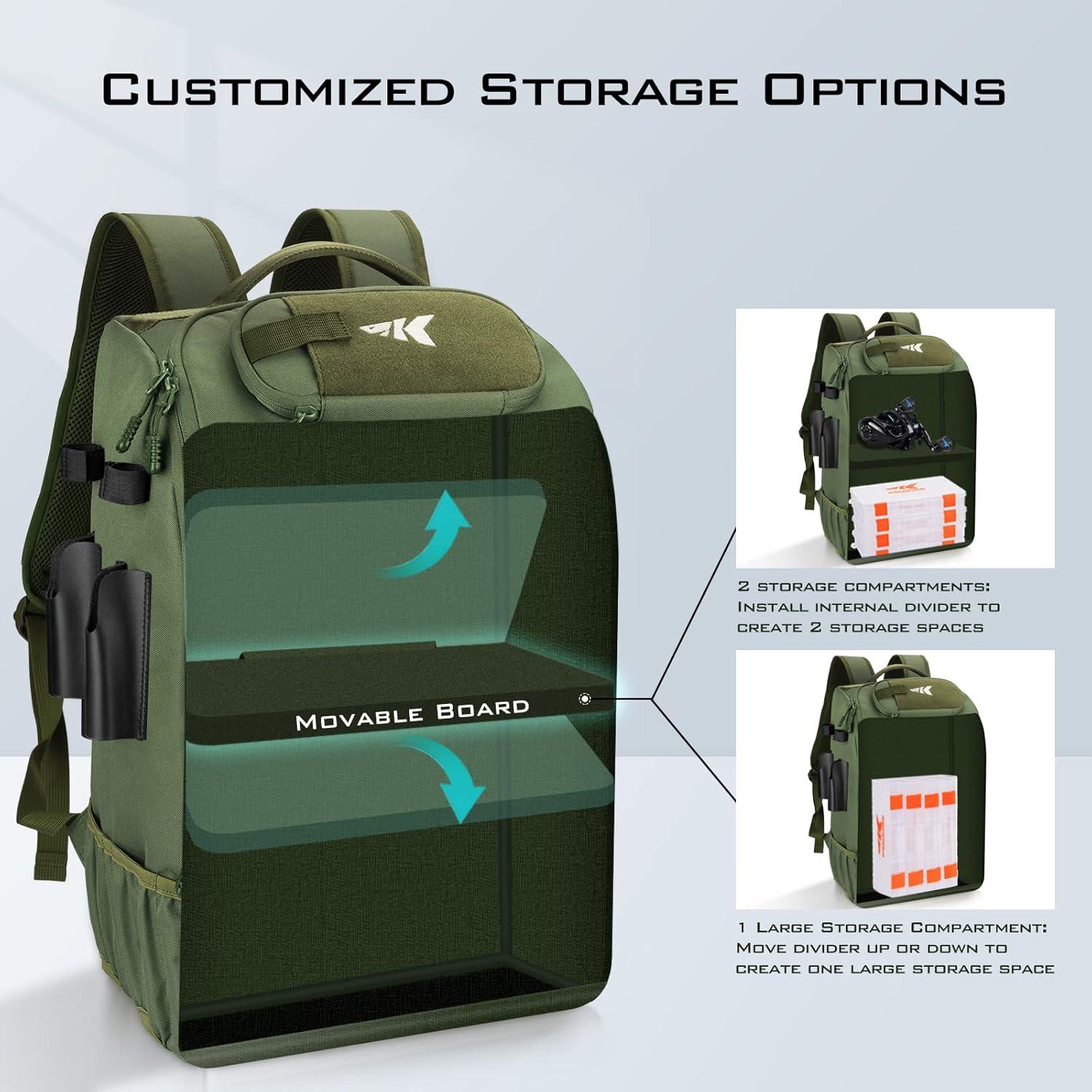 KastKing Fishing Tackle Backpack with Rod Holders 4 Tackle Boxes,Fishing Bag Storage Fishing Gear and Equipment- Green