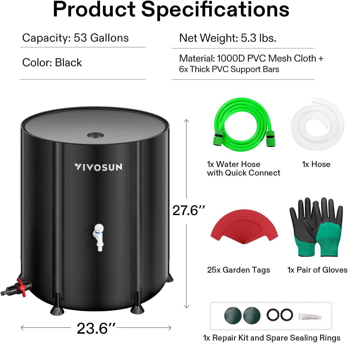 VIVOSUN Collapsible Rain Barrel, 53 Gallon Water Storage Tank with 1000D Oxford Cloth, Portable Rain Collection System Includes Two Spigots and Overflow Kit, Black
