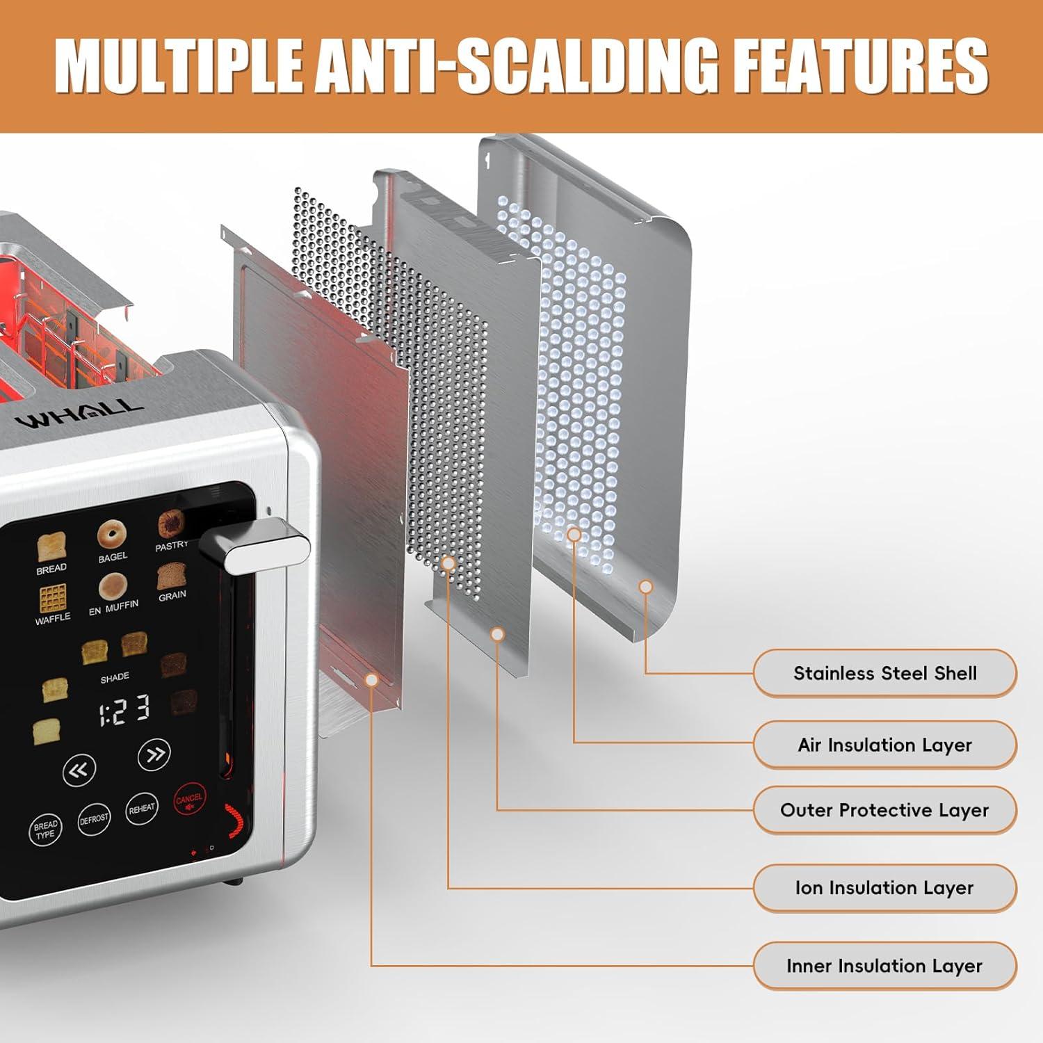 Stainless Steel Digital Touch Screen Toaster with Wide Slots