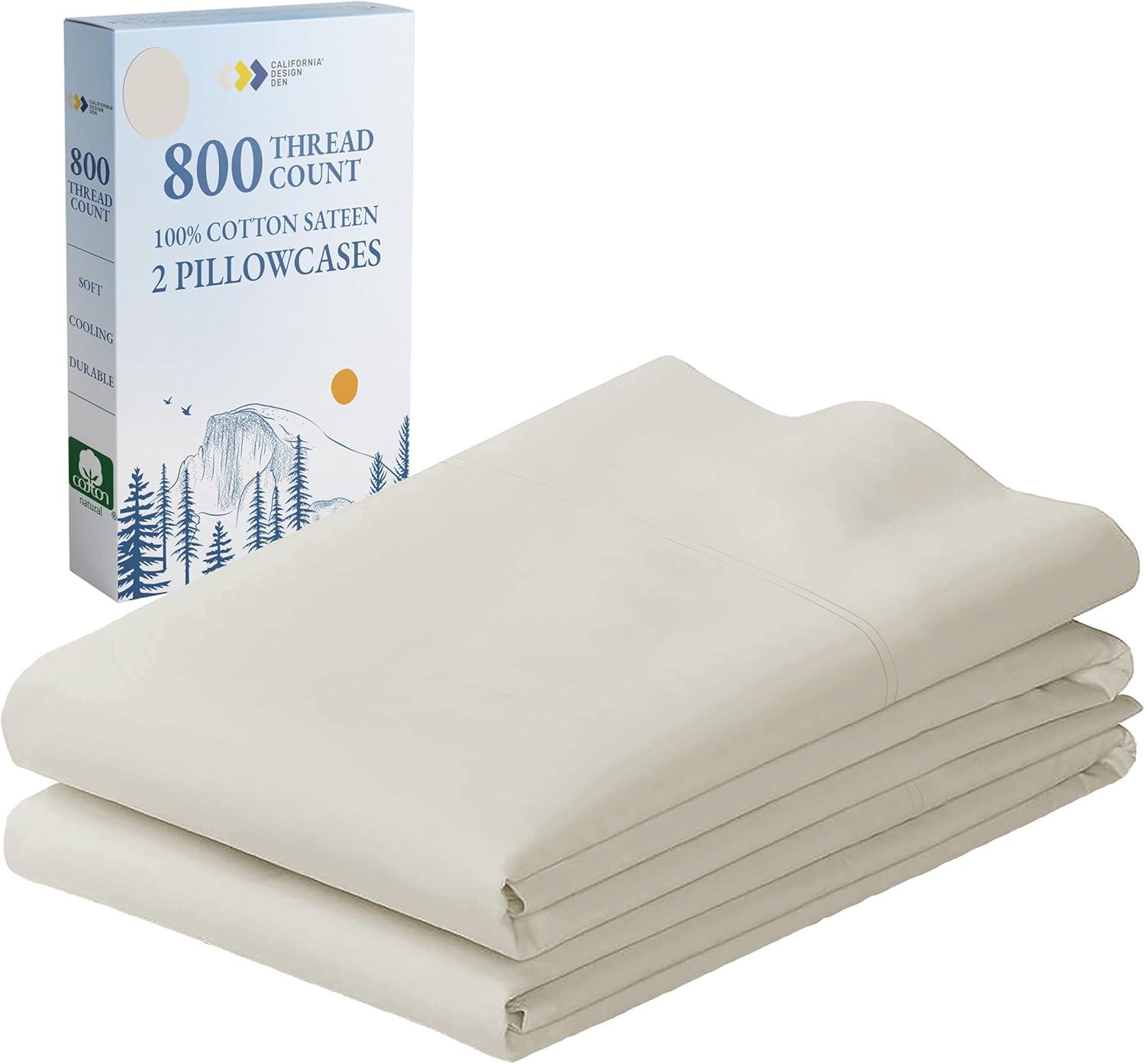 Luxury Pillowcase Set - 800 Thread Count 100% Cotton Sateen, Soft & Cooling Pillowcases by California Design Den