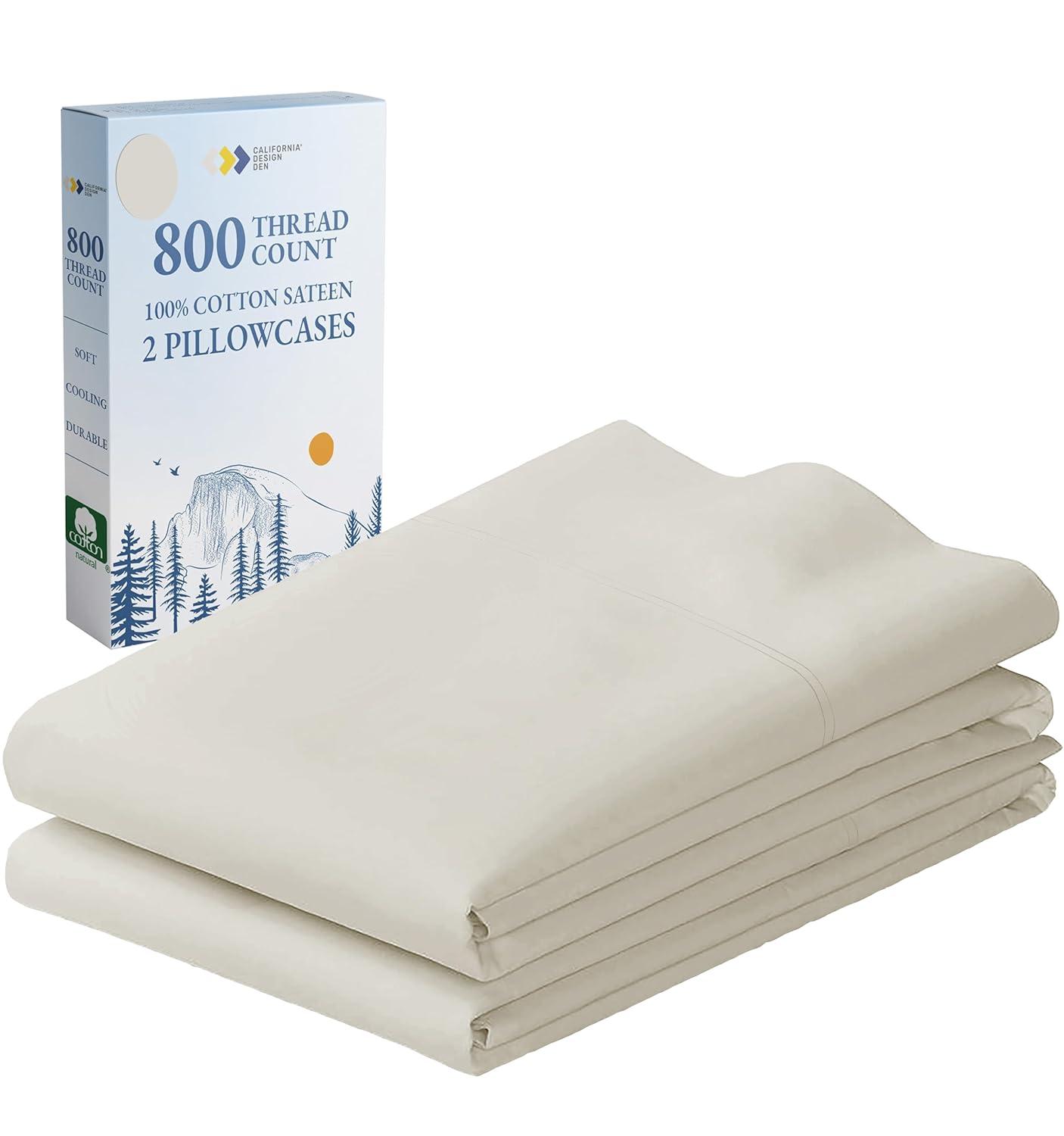 Luxury Pillowcase Set - 800 Thread Count 100% Cotton Sateen, Soft & Cooling Pillowcases by California Design Den - Ivory, Standard/Queen Pillowcases
