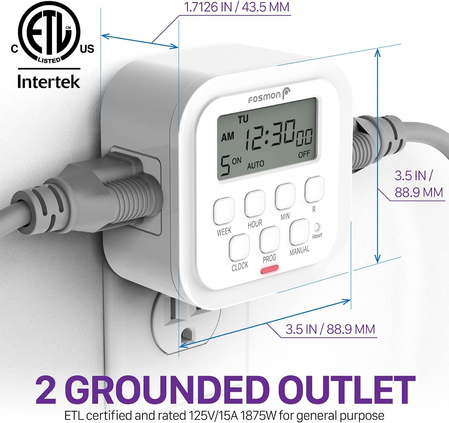 Fosmon 2x 7 Day Programmable Digital Timer For Outlet, [ETL Listed] Timer Outlet For Electrical Indoor, Plug-in Light Timer for Lamps, 15A/1875W