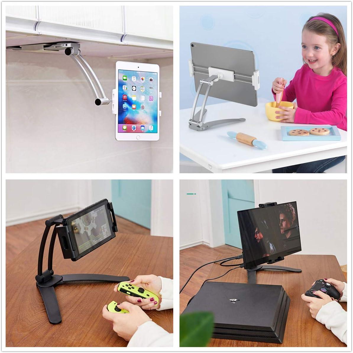 2 in 1 Kitchen Cabinet Tablet Holder, Wall Mount Desktop Stand for 12.9 Aluminum Alloy Metal Adjustable Multiangle Foldable Universal Phone Tablet Bracket Cooking Table Counter Top (Silver)