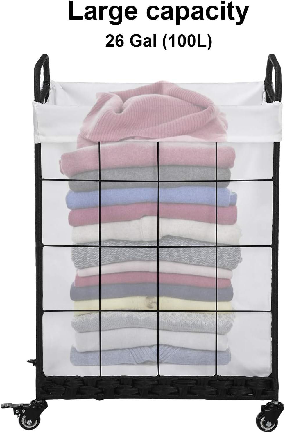 Laundry Hamper with Heavy Duty Rolling Lockable Wheels; Durable Laundry Basket with Detachable Liner Bag; Collapsible Clothes Hamper with Metal Handle (White)