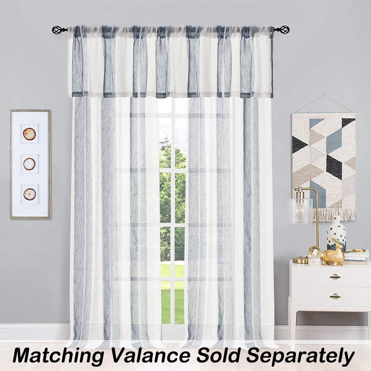 Navy Blue and White Sheer Linen Rod Pocket Curtain Panels