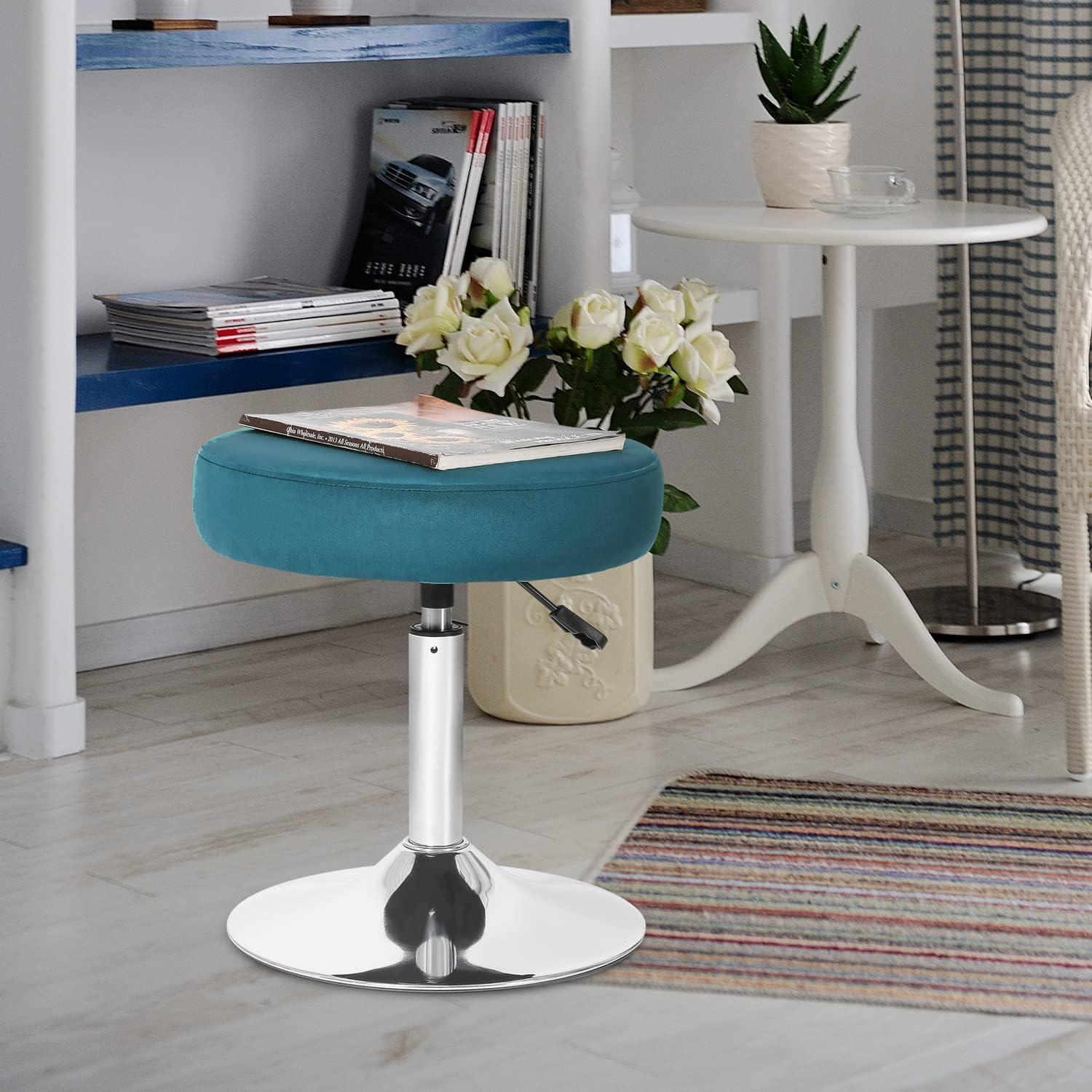 Adeco  Adjustable Velvet Round Ottoman Swivel Vanity Stool Makeup Chair Teal