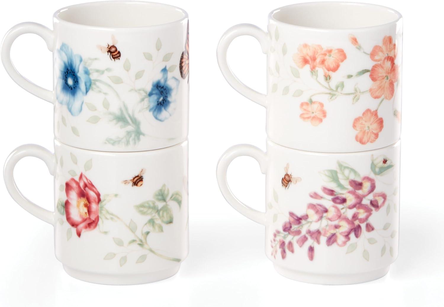 White Ceramic Butterfly and Floral Stacking Mug Set