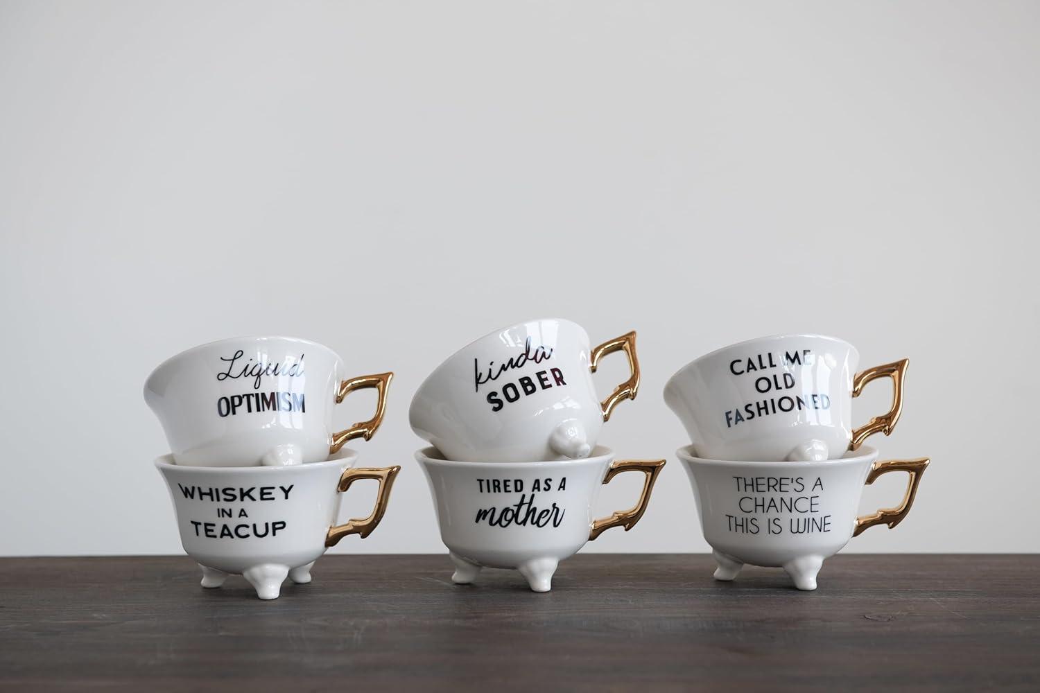 Creative Co-Op Stoneware Footed Teacup with Saying and Gold Electroplating, Set of 6 Styles