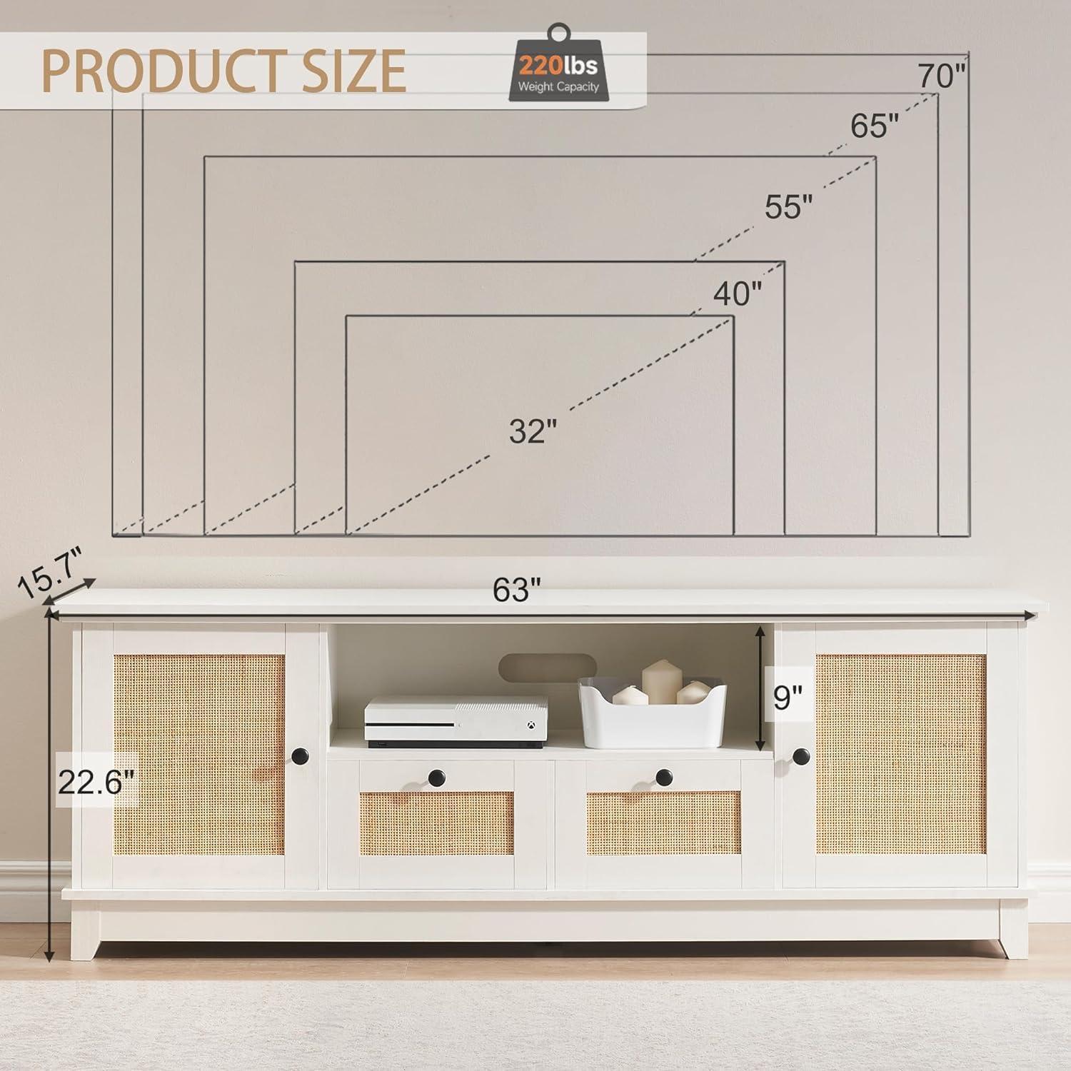 White Rattan TV Stand with Cabinets and Adjustable Shelves