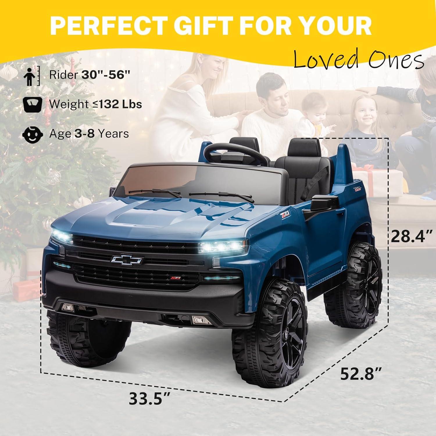 Chevrolet Silverado 24V Powered Ride on Cars for Kids, Extra large Real 2 Seat Ride on Toys with Remote Control, LED Light, MP3 Player, Electric Vehicles Ride on Truck for Boys Girls Gifts, Blue