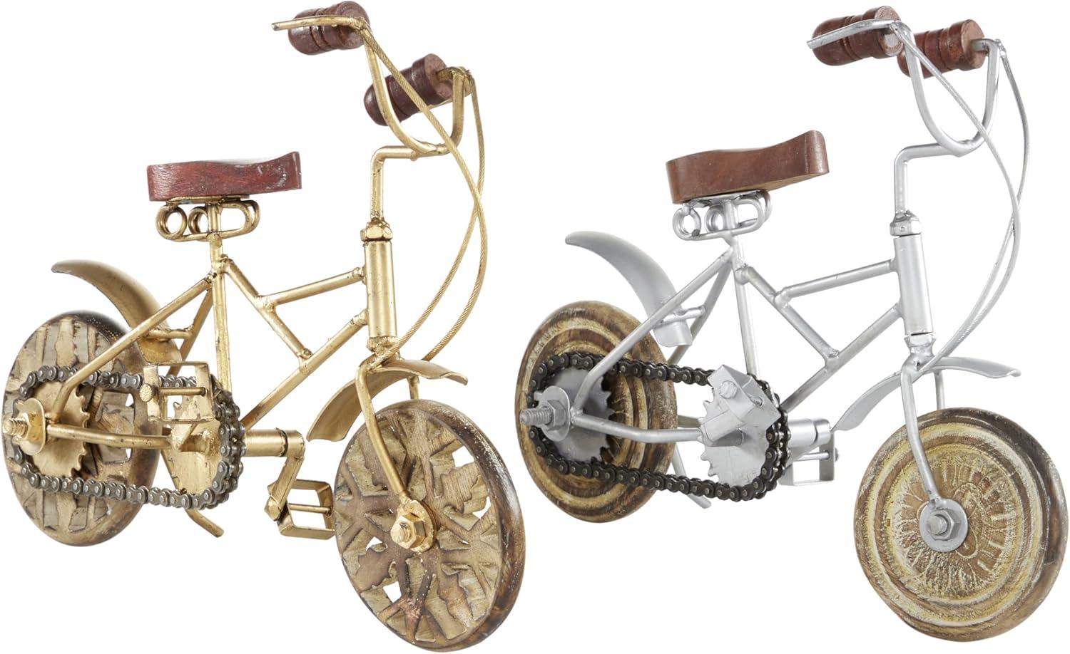 Vintage-Inspired Metallic Bicycle Statues with Wooden Accents, Set of 2