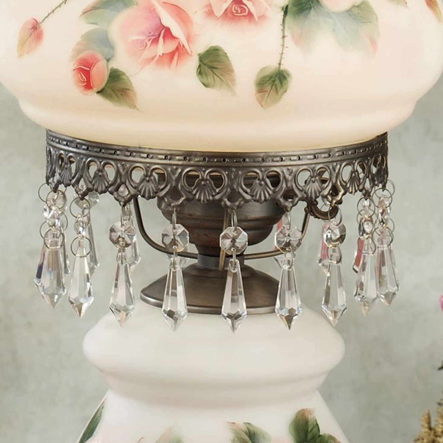 Adelaide Hurricane Table Lamp with Handpainted Pink Roses on Scalloped Glass Shade and Faux Crystal Beads 24 Inches High