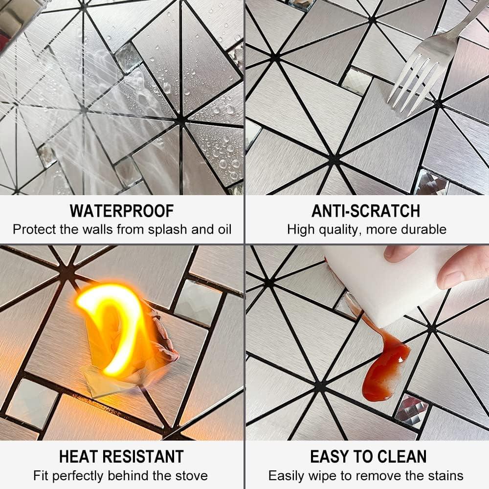 DICOFUN 10-Sheet Peel and Stick Backsplash Metal Tile, Mixed Glass Self-Adhesive Mosaic Tiles, Stainless Steel Stick on Wall Tiles for Kitchen and Bathroom Backspalsh, Mirror Décor
