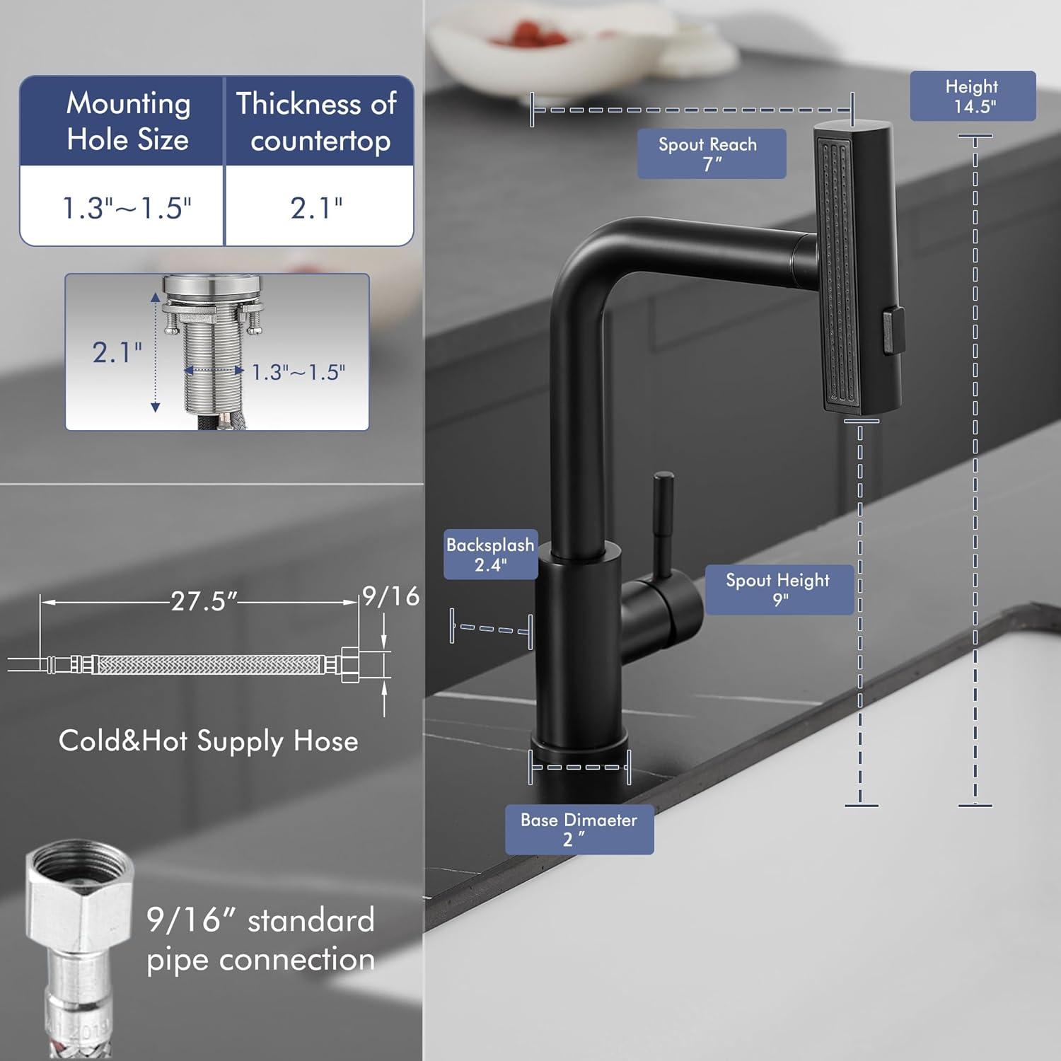 Waterfall Kitchen Faucet,Matte Black Kitchen Faucet with Pull Down Sprayer,Faucets for Kitchen Sink,Single Handle Kitchen Faucet Stainless Steel,Pull Out Sprayer Kitchen Faucets