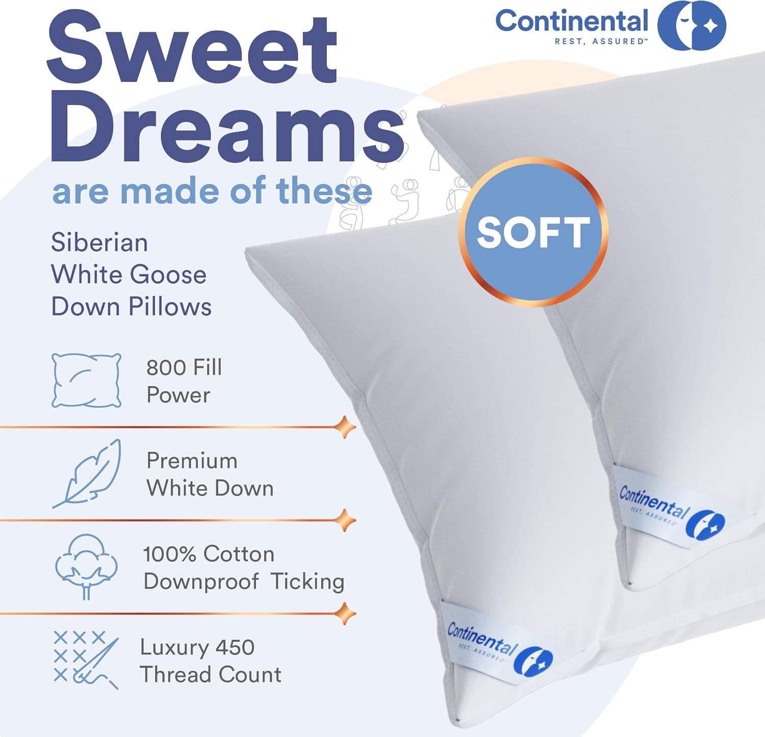 Continental Bedding Siberian 800FP 100% Goose Down Pillow Soft Support King Size Pack of 1