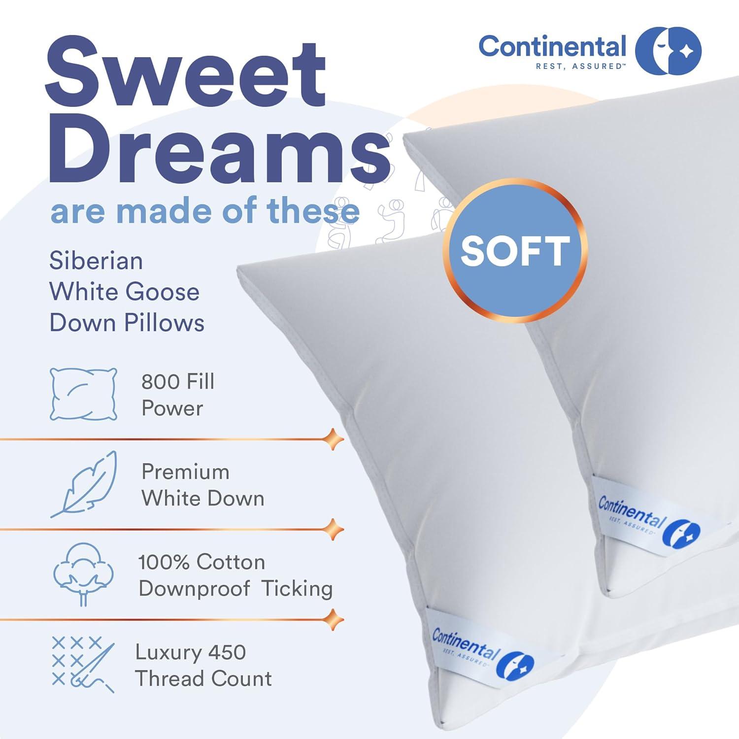 Continental Bedding Siberian 800FP 100% Goose Down Pillow Soft Support King Size Pack of 1