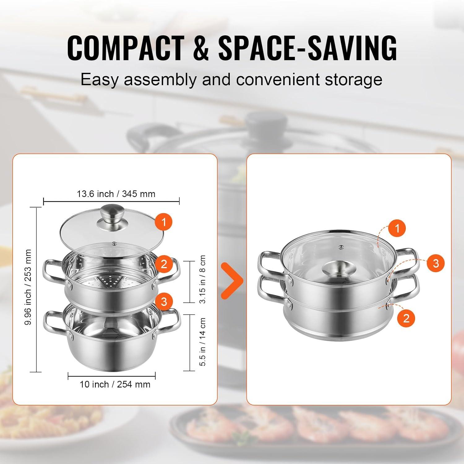 Steamer Pot 9.5 in. Steamer Pot for Cooking with 5 qt. Stock Pot and Vegetable Steamer Stainless Steel Food Steamer