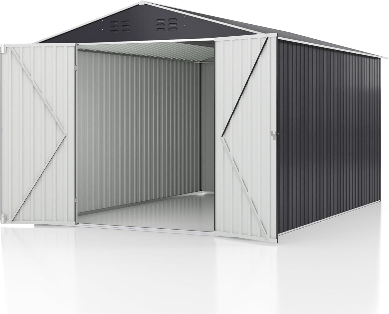 NETAJE 8'x12' Outdoor Metal Storage Shed with Upgraded Frame and Lockable Doors for Backyard, Garden, Lawn, Brown