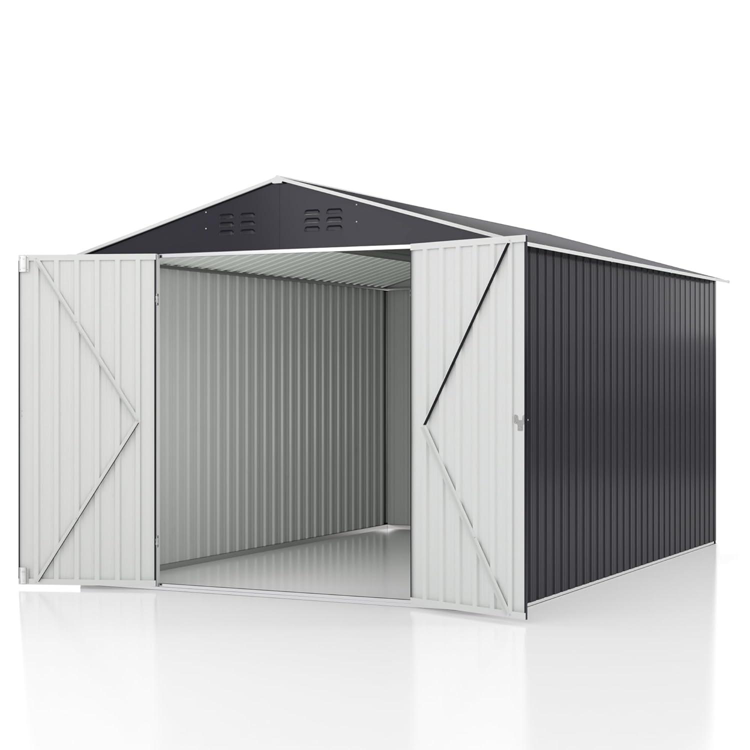 NETAJE 8'x12' Outdoor Metal Storage Shed with Upgraded Frame and Lockable Doors for Backyard, Garden, Lawn, Brown