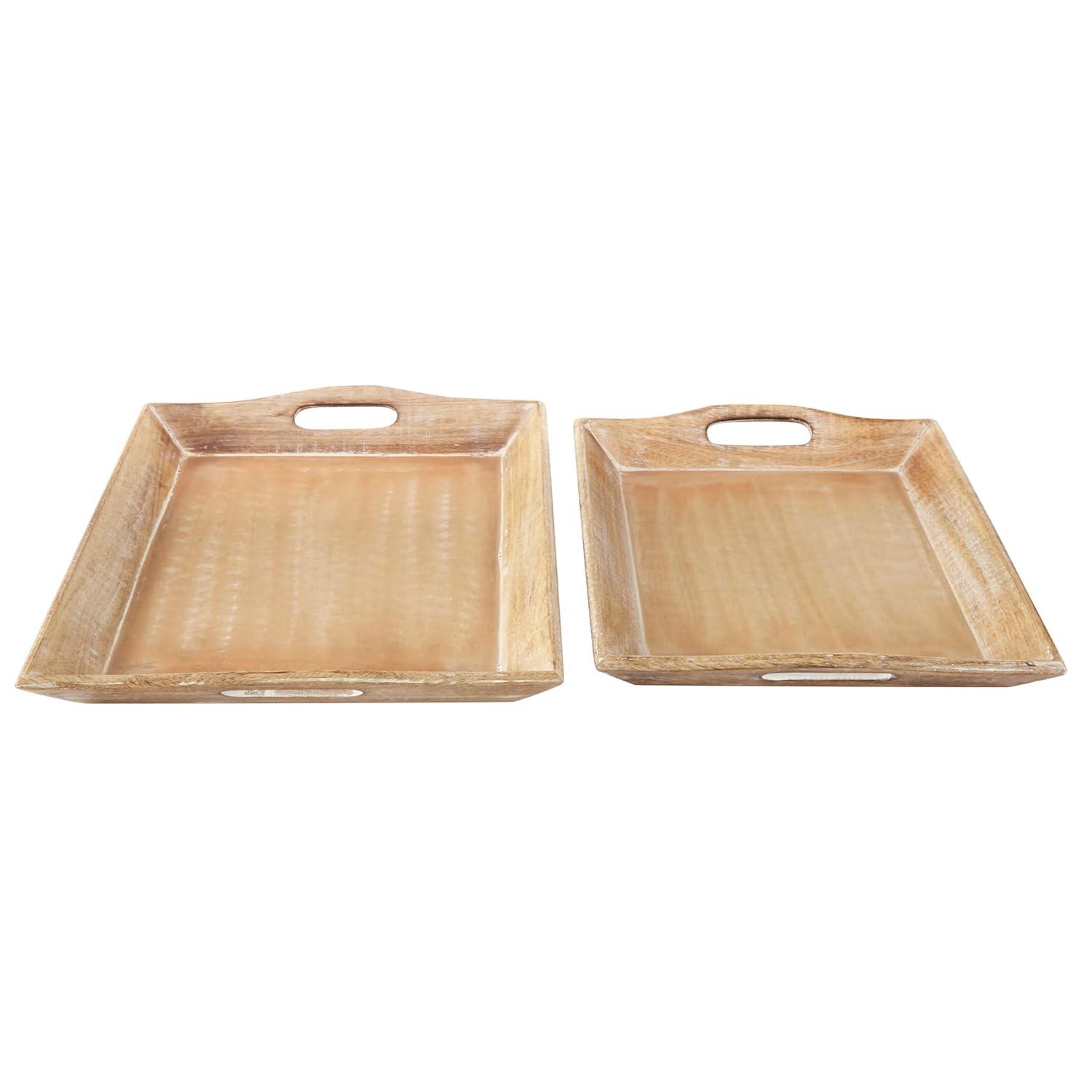 Olivia & May Set of 2 Traditional Whitewashed Natural Mango Wood Serving Trays Brown: Ottoman Style, with Handles