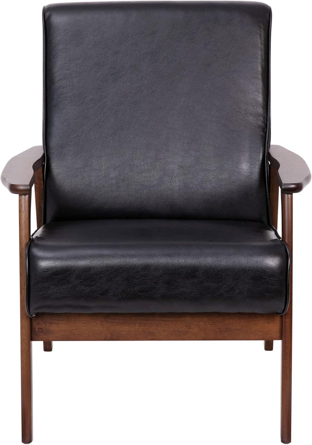 Mid-Century Modern Black Leather Accent Chair with Walnut Wood Frame