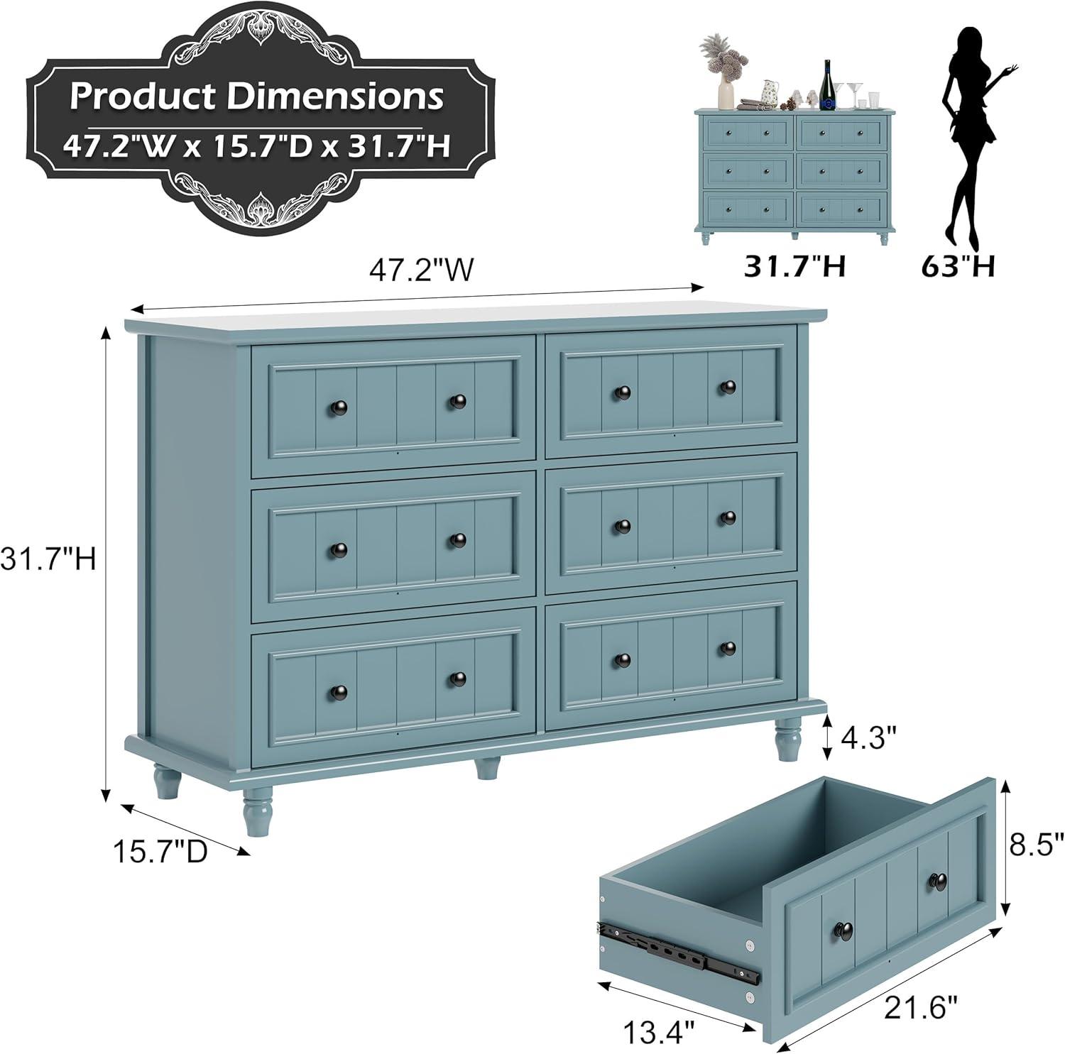 Scurrty 6 Drawer Dresser, Antique Chest of Drawers, Large Cabinet with Storage, Big Dresser for Clothes in Living Room, Bedroom (Blue)