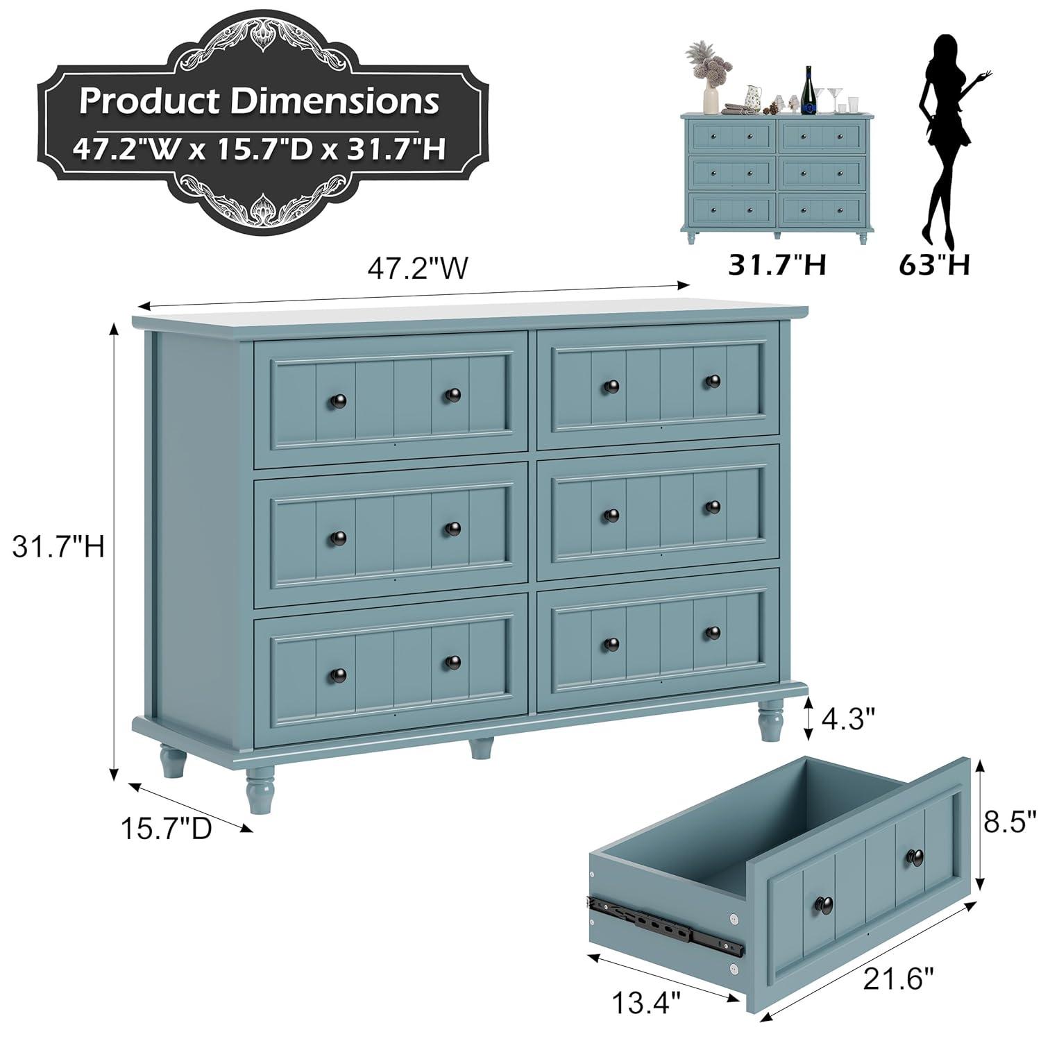 Scurrty 6 Drawer Dresser, Antique Chest of Drawers, Large Cabinet with Storage, Big Dresser for Clothes in Living Room, Bedroom (Blue)