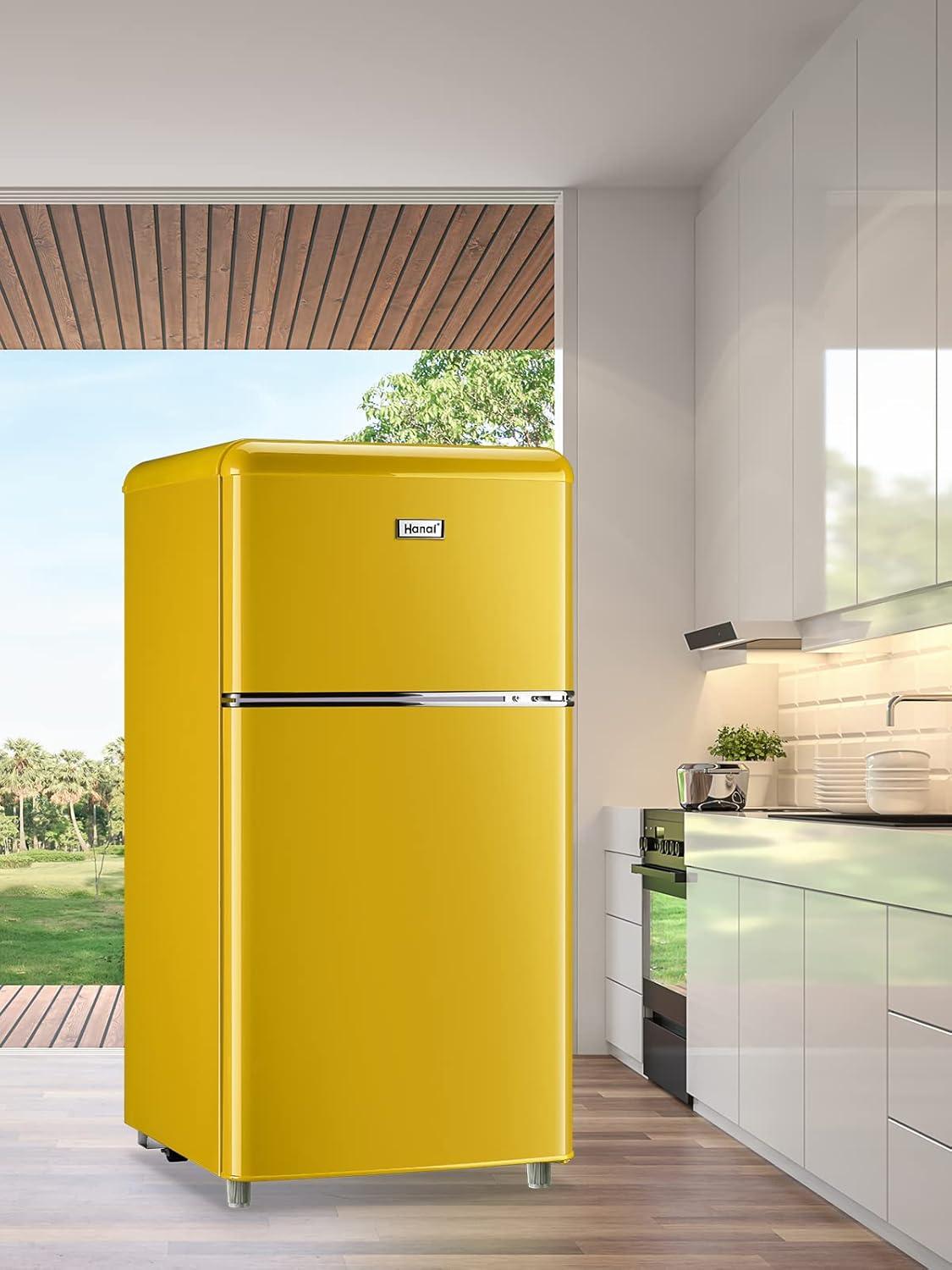 WANAI 3.2.Cu ft Two Door Mini Fridge with Freezer, A retro look,(yellow)