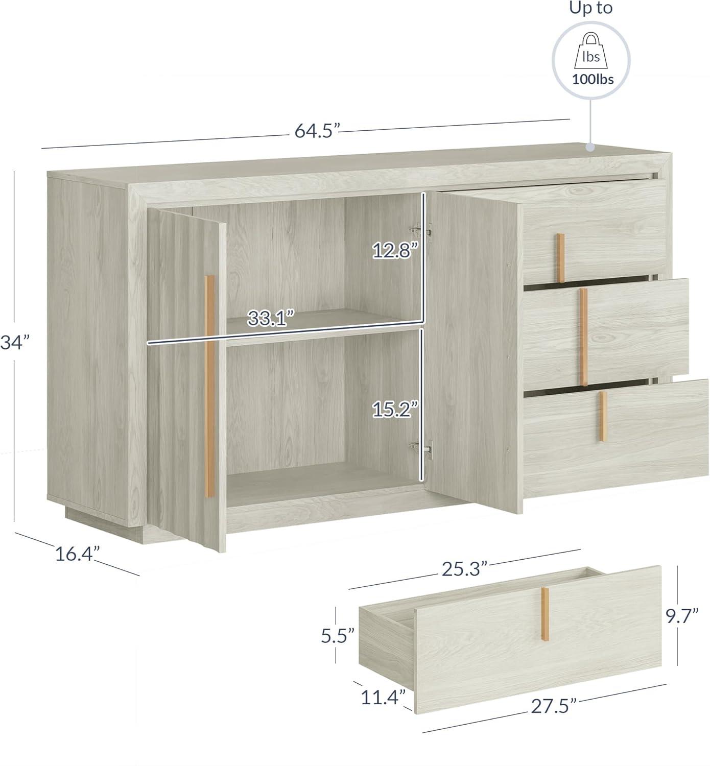 BELLEZE Sideboard Buffet Cabinet with Storage, Buffet Table with 3 Drawers and 2 Doors Storage Cabinet with Rose Gold Handles and Adjustable Shelves for Dining Room Living Rooms (Libra - White Sand)