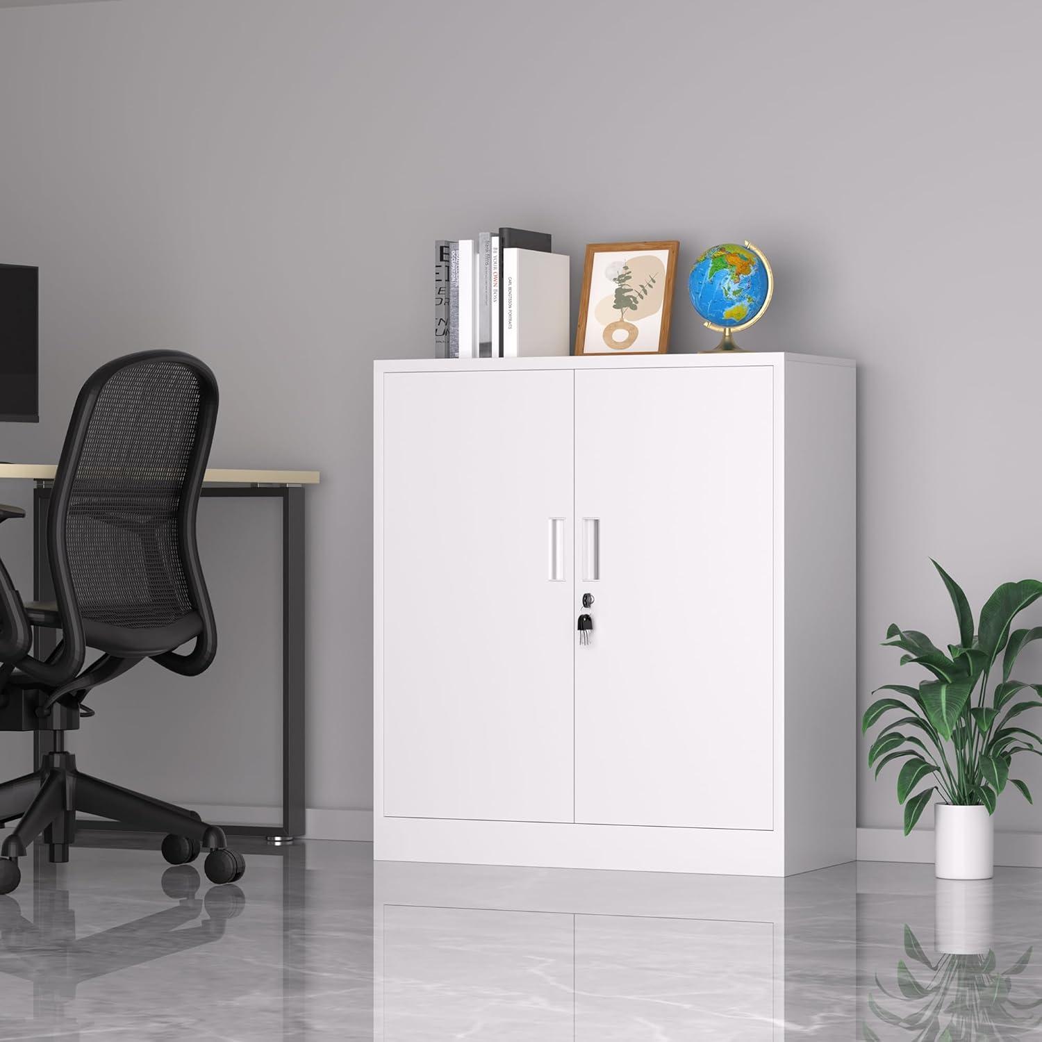 Nestora Steel Storage Cabinet Office Cabinet with Shelves and 2 Doors,White Metal Storage Cabinet, Locking Small Metal Cabinet,Steel Counter Cabinet with Lock for Garage Home Office Pantry