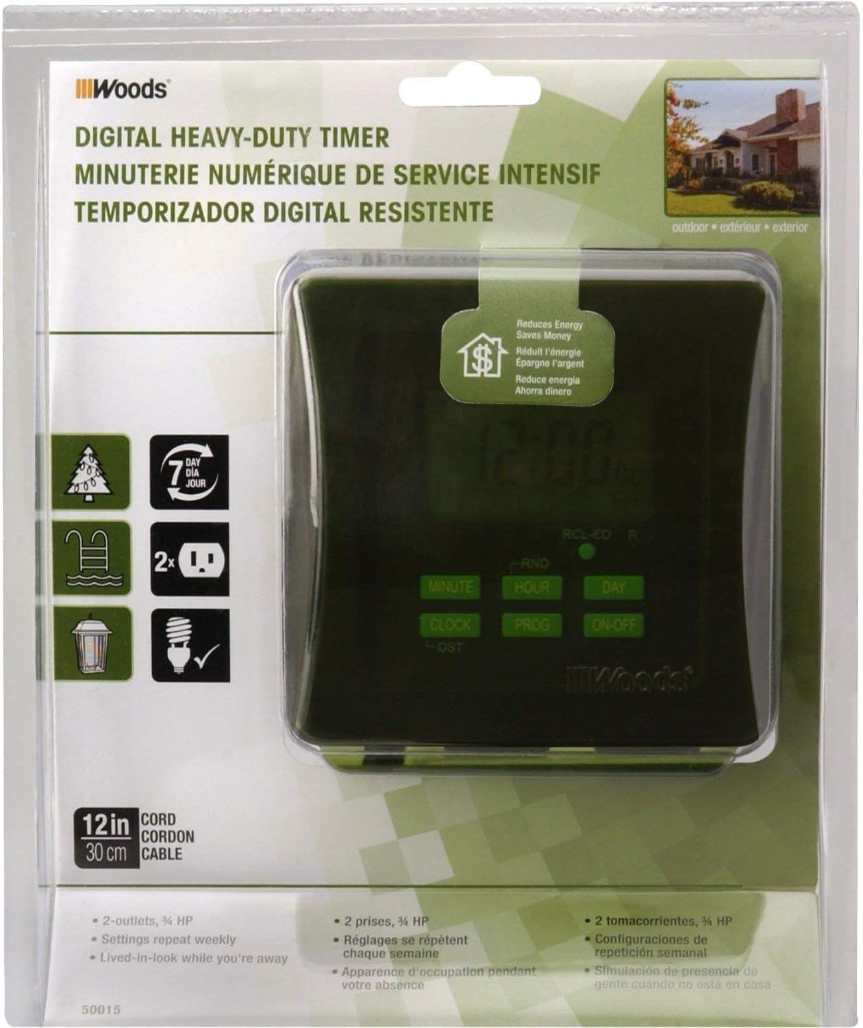 Woods 50015WD Outdoor 7-Day Heavy Duty Digital Plug-in Timer, 2 Grounded Outlets, Weatherproof, Perfect for Automating Holiday/Christmas Lights, Energy Saving Precision Programming, Black & Green