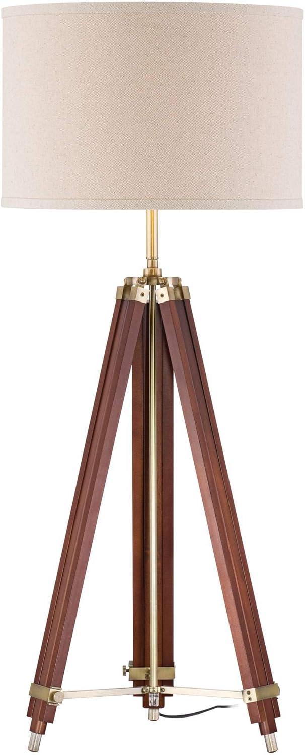 Possini Euro Design Surveyor Modern Tripod Floor Lamp 57 1/2" Tall Cherry Wood Adjustable Beige Linen Drum Shade for Living Room Bedroom Office House