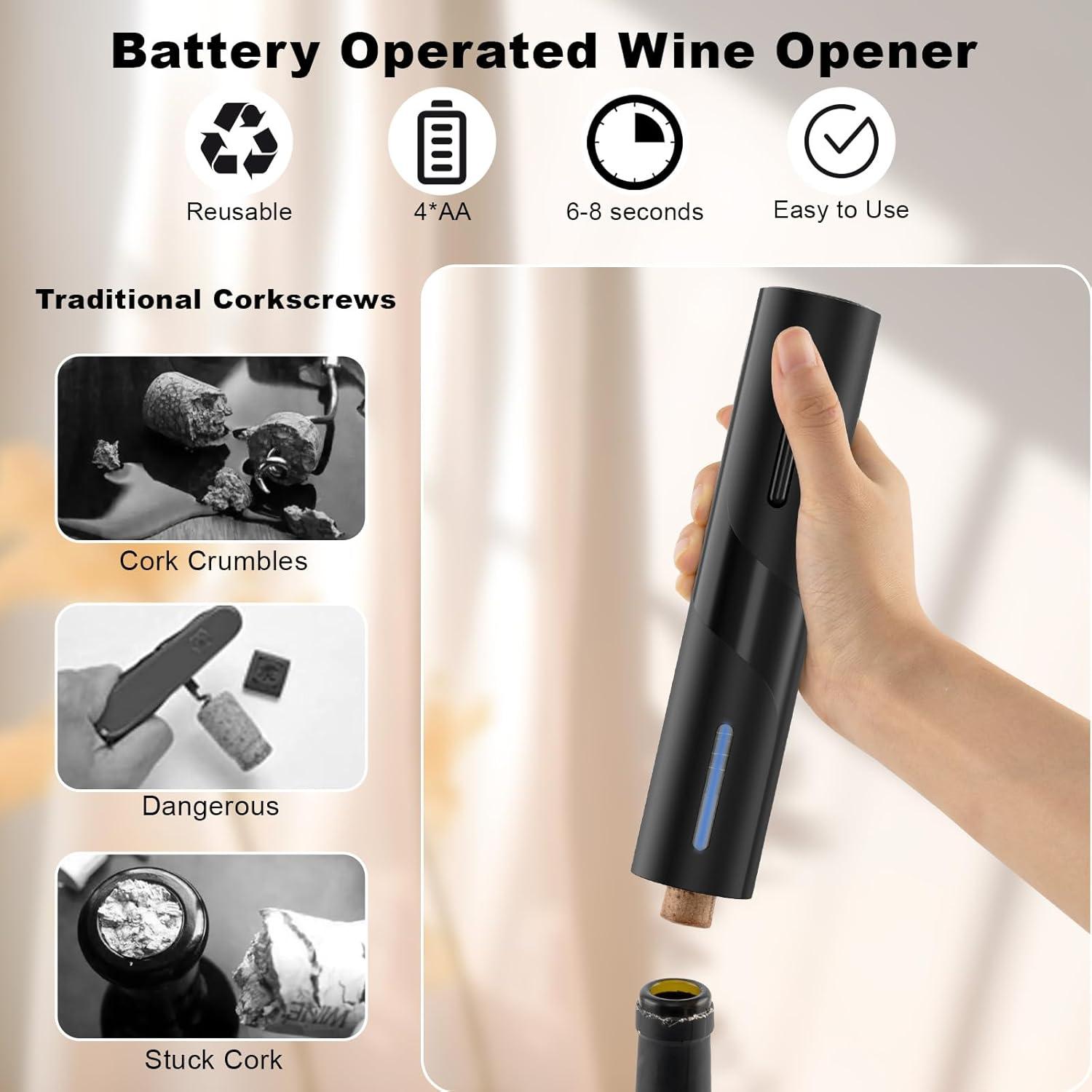 Electric Wine Opener, Automatic Corkscrews Wine Bottles Openers with Foil Cutter, Battery Operated Wine Bottles Openers for Wine Lovers in Home Kitchen Party Bar Outdoor - Black